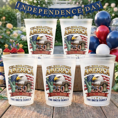 Custom Party Cups - Personalized America 250th Anniversary Gifts For Mom, Dad, Brother, Sister, Kids - Built on Strength & Pride
