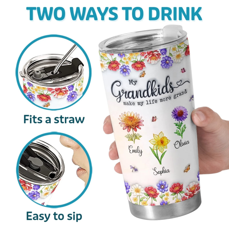 Custom 3D Inflated Effect Printed Tumbler - Personalized Mother's Day Gifts For Mom, Grandma - Grandkids Make Her World Blossom