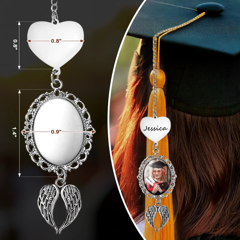 Custom Photo Graduation Tassel Heart & Angel Wing Charm - Personalized Graduation, Memorial Sympathy Gift For Family Members, Siblings, Brothers, Sisters - Carrying Her Into Every New Chapter