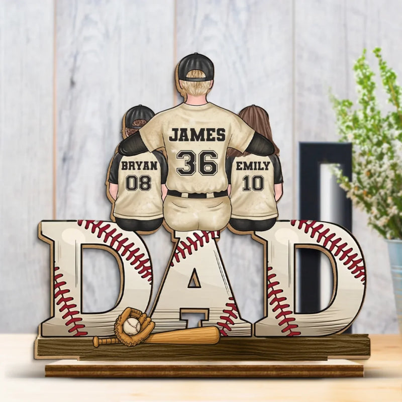 Our Favorite Position, Right Beside Dad - Family Personalized Custom Shaped 2-Layered Wooden Plaque With Flat Stand - Father's Day, House Warming Gift For Dad, Sport Lovers, Sport Players