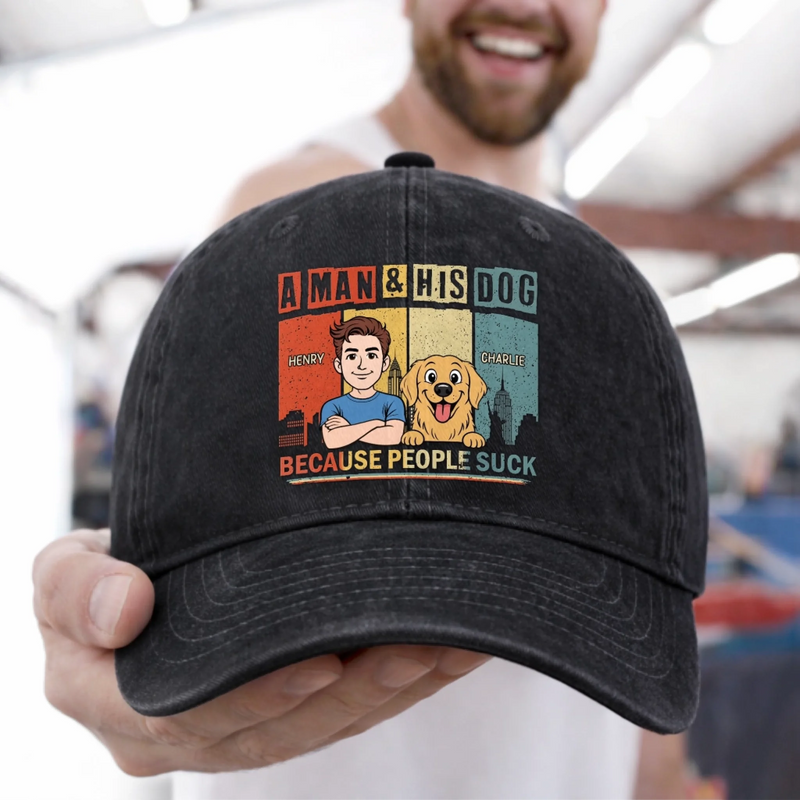 Custom Vintage Washed Denim Baseball Cap - Personalized Father's Day Gifts For Dog Lovers, Dog Dad And Mom - Life’s Better With A Dog Sidekick