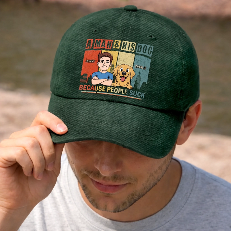 Custom Vintage Washed Denim Baseball Cap - Personalized Father's Day Gifts For Dog Lovers, Dog Dad And Mom - Life’s Better With A Dog Sidekick