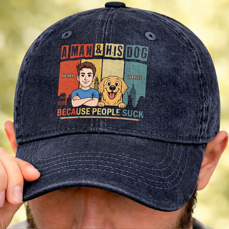 Custom Vintage Washed Denim Baseball Cap - Personalized Father's Day Gifts For Dog Lovers, Dog Dad And Mom - Life’s Better With A Dog Sidekick