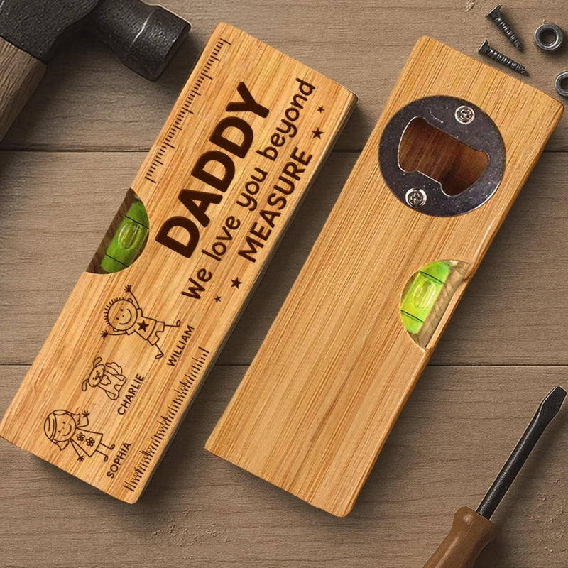 Custom Wooden Bottle Opener With Built-in Spirit Level - Personalized Father's Day Birthday Gifts For Dad, Grandpa - Level Up Your Spirits