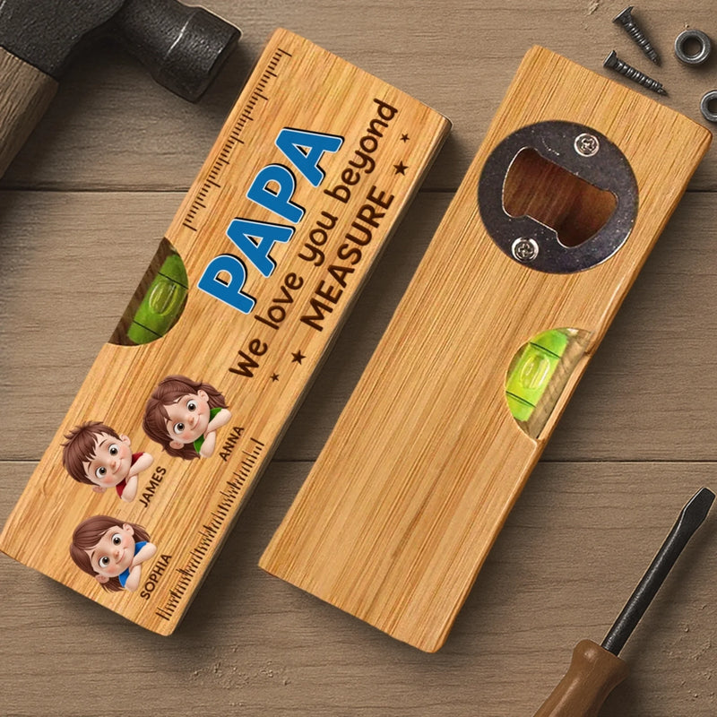 Custom Wooden Bottle Opener With Built-in Spirit Level - Personalized Father's Day Birthday Gifts For Dad, Grandpa - Dad Always Leads The Way