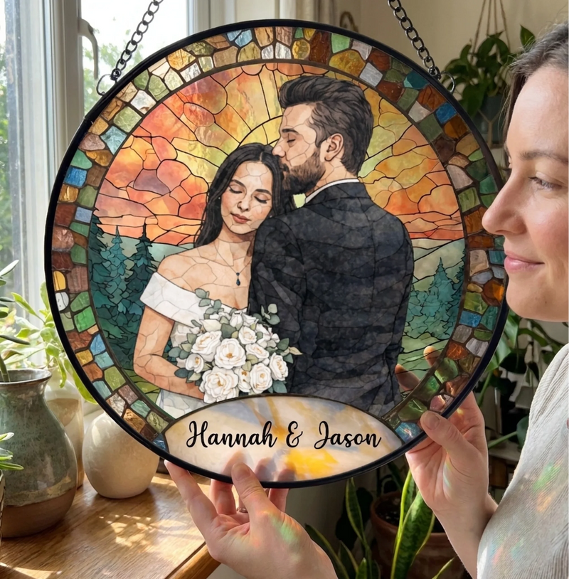 Custom Photo Stained Glass Window Hanging Suncatcher - Personalized Anniversary Wedding Gifts For Husband And Wife, Him And Her - Together, Painted In Forever