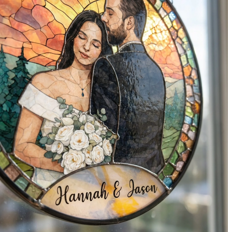 Custom Photo Stained Glass Window Hanging Suncatcher - Personalized Anniversary Wedding Gifts For Husband And Wife, Him And Her - Together, Painted In Forever