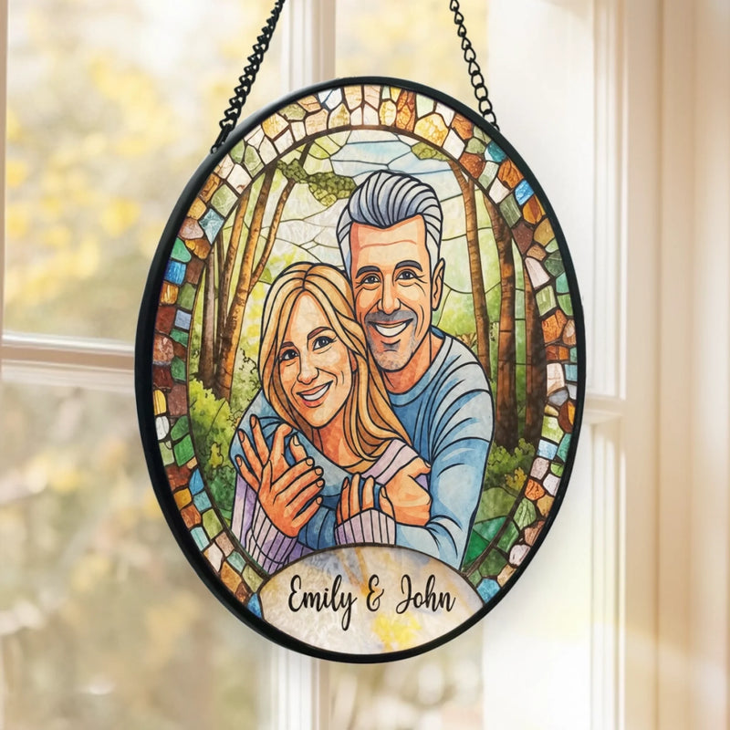 Custom Photo Stained Glass Window Hanging Suncatcher - Personalized Anniversary Wedding Gifts For Husband And Wife, Him And Her - Together, Painted In Forever