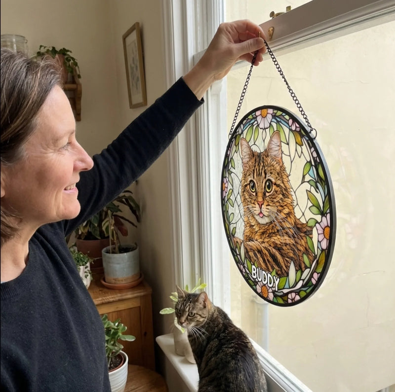 Custom Photo Forever In My Heart, Dear Friend - Memorial Personalized Custom Stained Glass Window Hanging Suncatcher - Sympathy Gift For Pet Owners, Pet Lovers