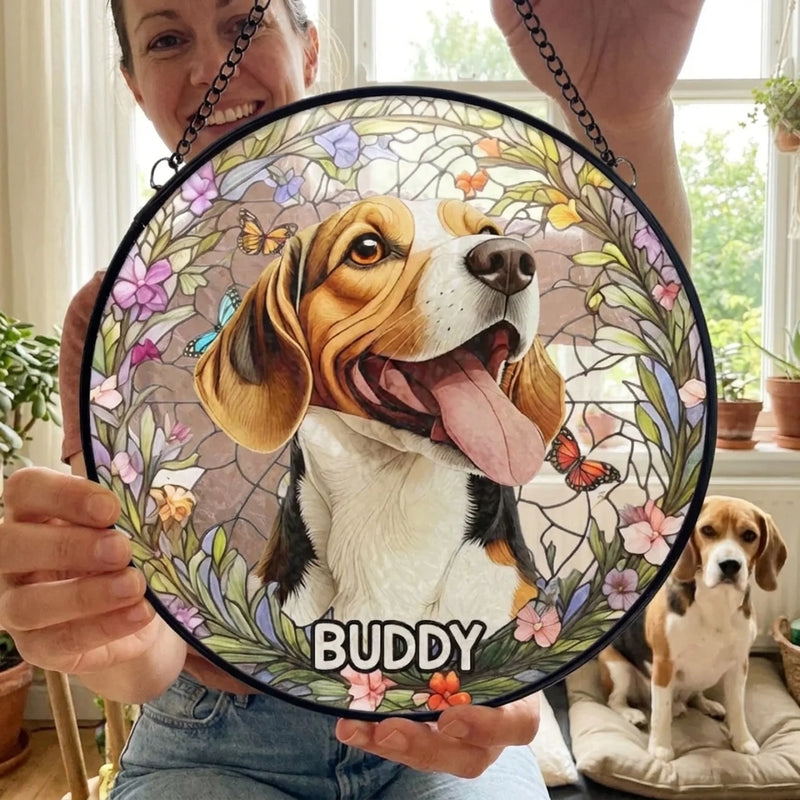 Custom Photo Forever In My Heart, Dear Friend - Memorial Personalized Custom Stained Glass Window Hanging Suncatcher - Sympathy Gift For Pet Owners, Pet Lovers