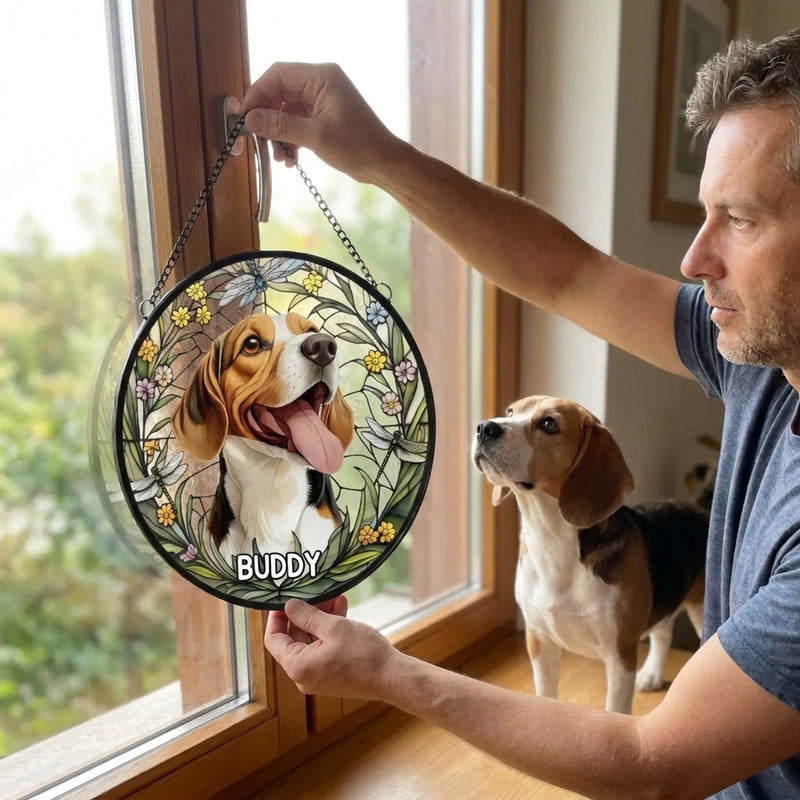 Custom Photo Forever In My Heart, Dear Friend - Memorial Personalized Custom Stained Glass Window Hanging Suncatcher - Sympathy Gift For Pet Owners, Pet Lovers