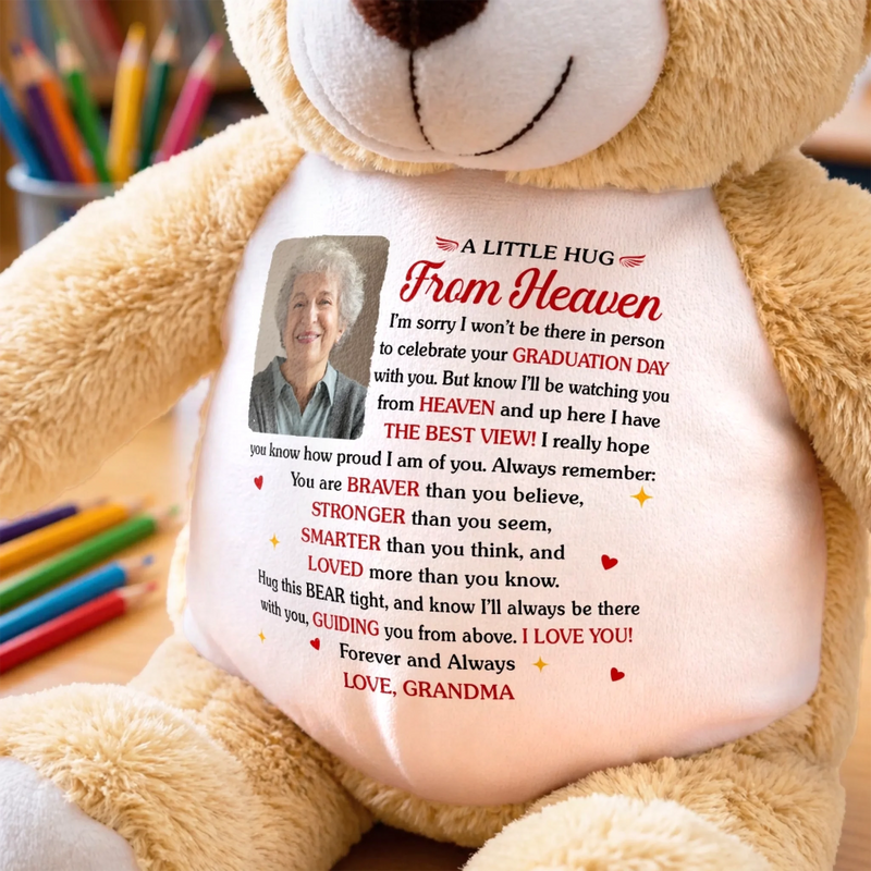 Custom Photo Graduation Plush Bear - Personalized Graduation, Memorial Sympathy Gifts For Loss Of Mom, Dad - A Hug From Heaven