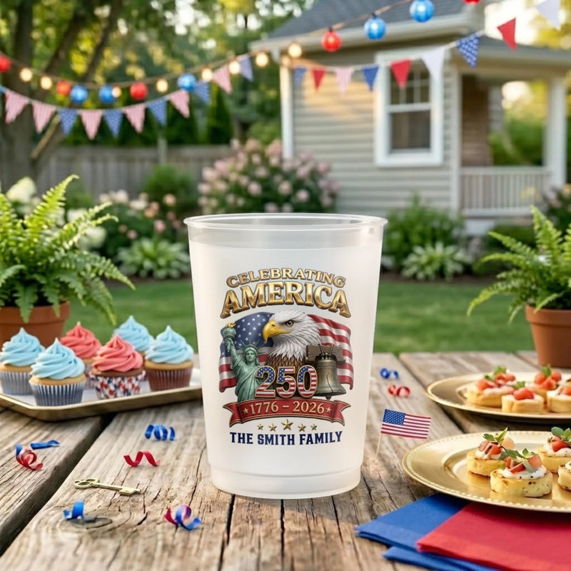 Custom Party Cups - Personalized America 250th Anniversary Gifts For Mom, Dad, Brother, Sister, Kids - Built on Strength & Pride