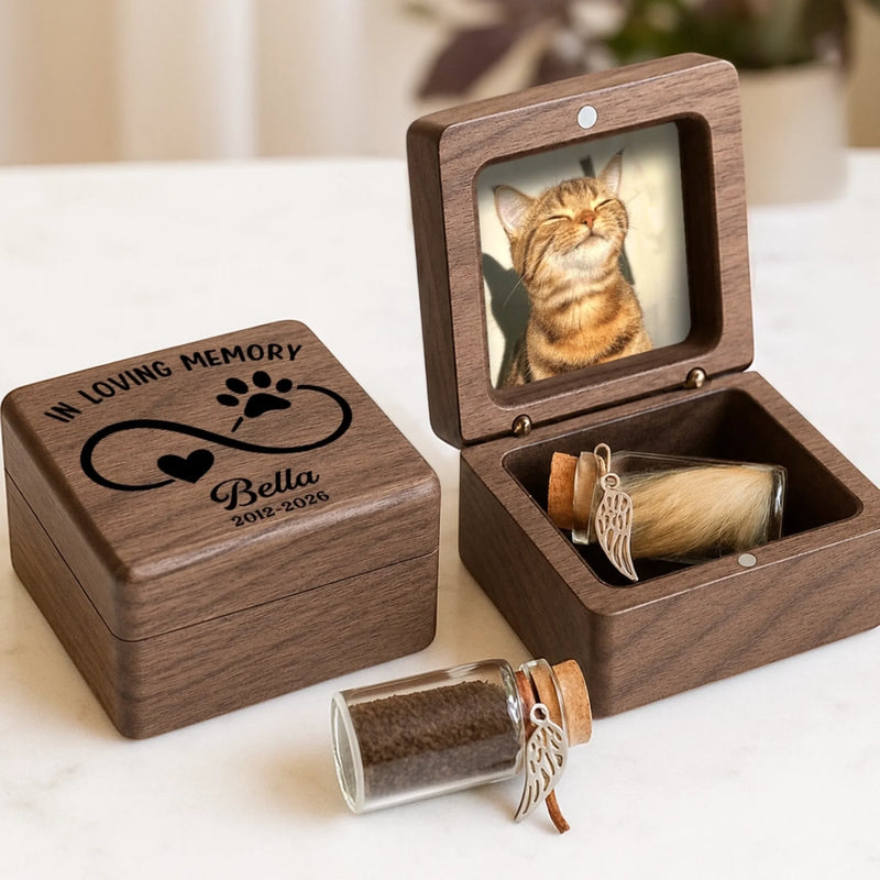 Custom Photo Wooden Pet Fur Keepsake Box - Personalized Pet Memorial Sympathy Gifts For Cat Lovers - Forever In My Heart
