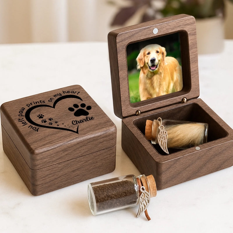 Custom Photo Wooden Pet Fur Keepsake Box - Personalized Pet Memorial Sympathy Gifts For Dog Lovers, Cat Lovers - You Left Paw Prints On My Heart