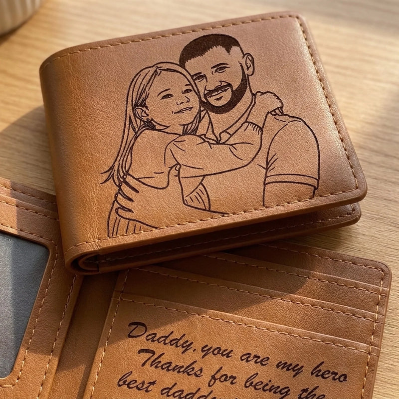 Custom Photo Engraved Bifold Leather Wallet Two Sides - Personalized Father's Day Birthday Gifts For Dad - You Are My Hero