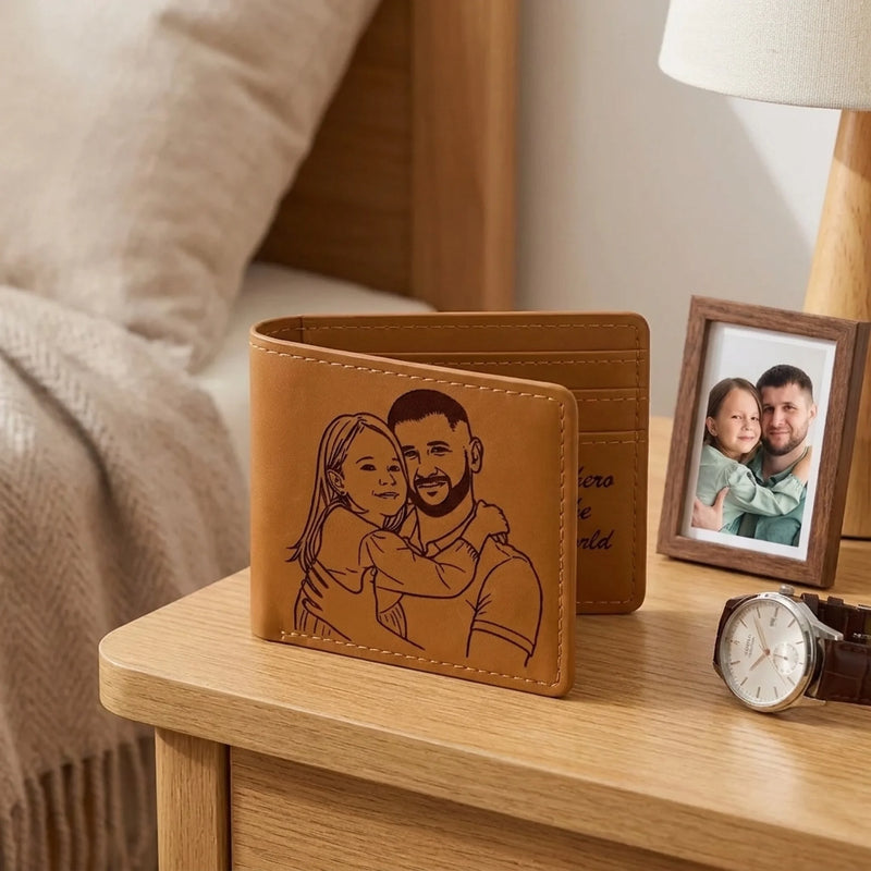 Custom Photo Engraved Bifold Leather Wallet Two Sides - Personalized Father's Day Birthday Gifts For Dad - You Are My Hero