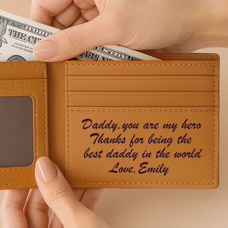 Custom Photo Engraved Bifold Leather Wallet Two Sides - Personalized Father's Day Birthday Gifts For Dad - You Are My Hero