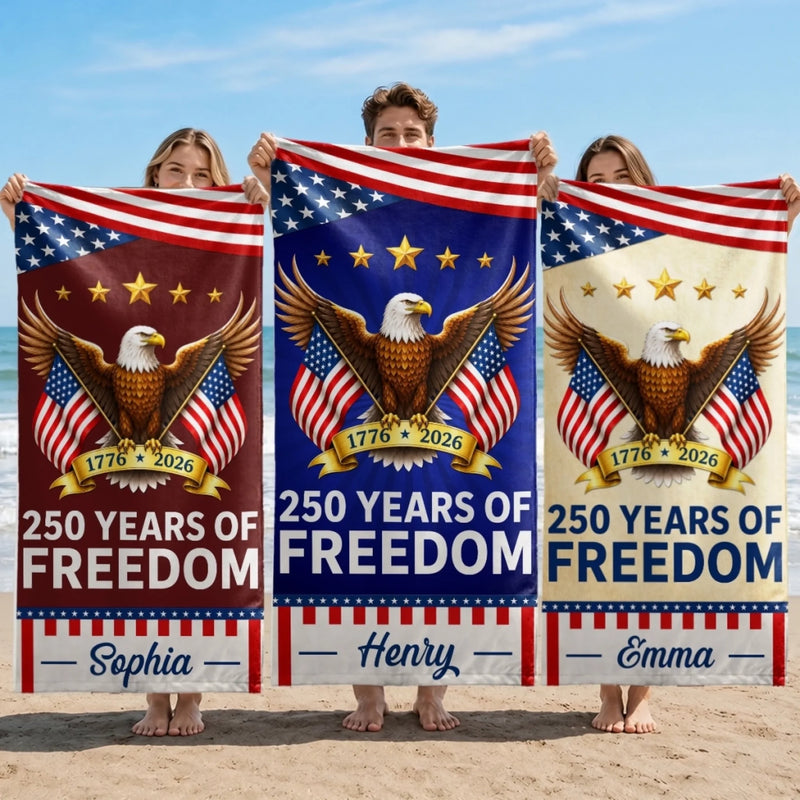 Custom Beach Towel - Personalized America 250th Anniversary Gifts For Mom, Dad, Brother, Sister, Kids - United By Freedom And Pride
