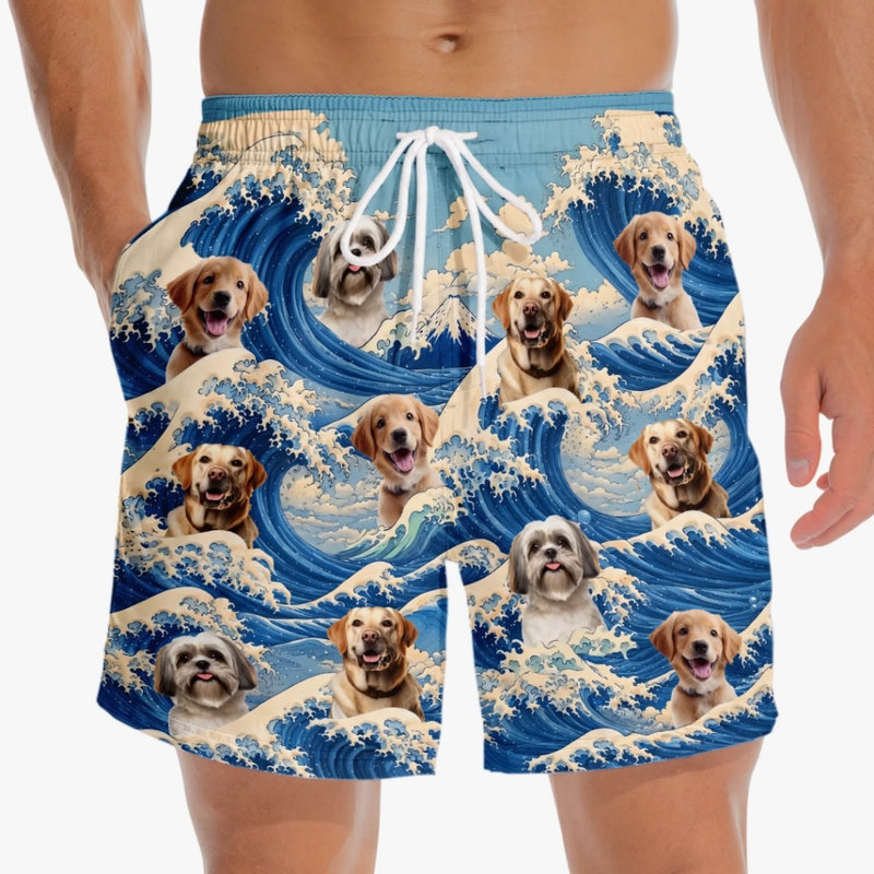 Custom Photo Tropical Hawaiian Aloha Men Beach Shorts - Personalized Summer Vacation And Travel Gifts For Dog Cat Lovers, Dog Dad And Mom, Cat Owners - The Cutest Tsunami Of Pups
