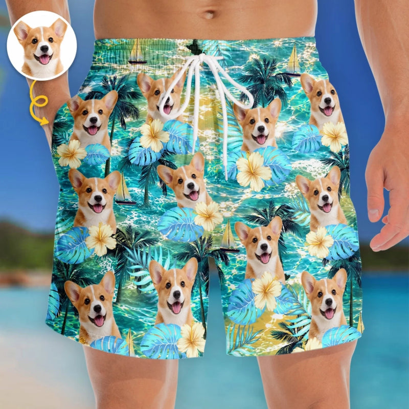 Custom Photo Tropical Hawaiian Aloha Men Beach Shorts - Personalized Summer Vacation And Travel Gifts For Dog Cat Lovers, Dog Dad And Mom, Cat Owners - Poolside Paws And Island Breeze