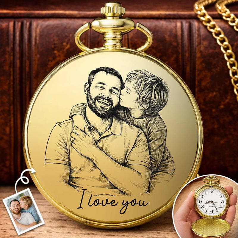 Custom Photo Pocket Watch - Personalized Father's Day Birthday Gifts For Dad, Grandpa - Dad’s Love Lights The Way