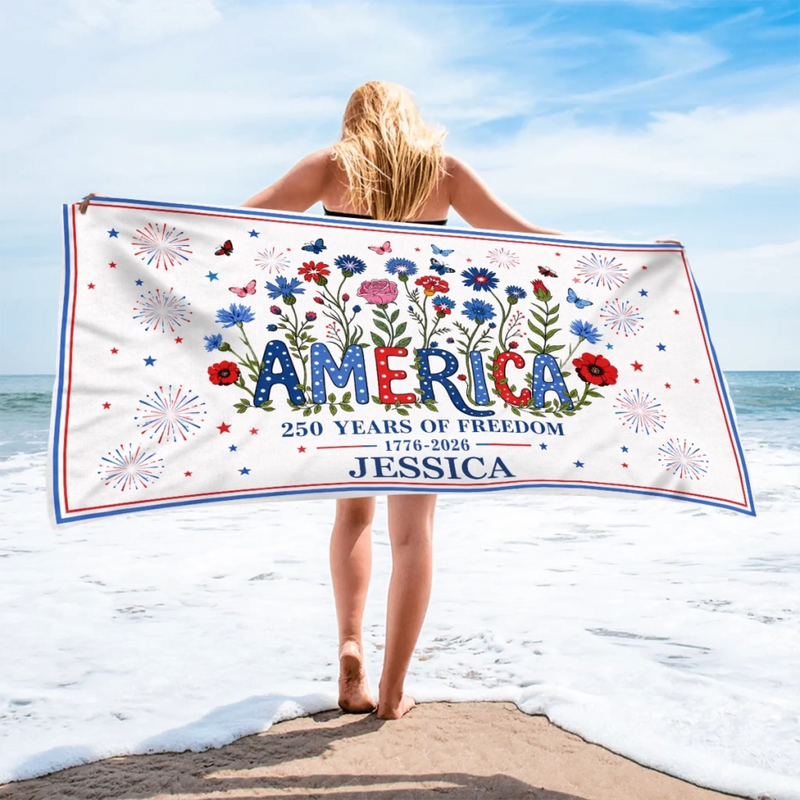 Custom Beach Towel - Personalized America 250th Anniversary, Summer Vacation And Travel Gifts For Mom, Dad, Brother, Sister, Kids - Stars, Stripes And Tan Lines