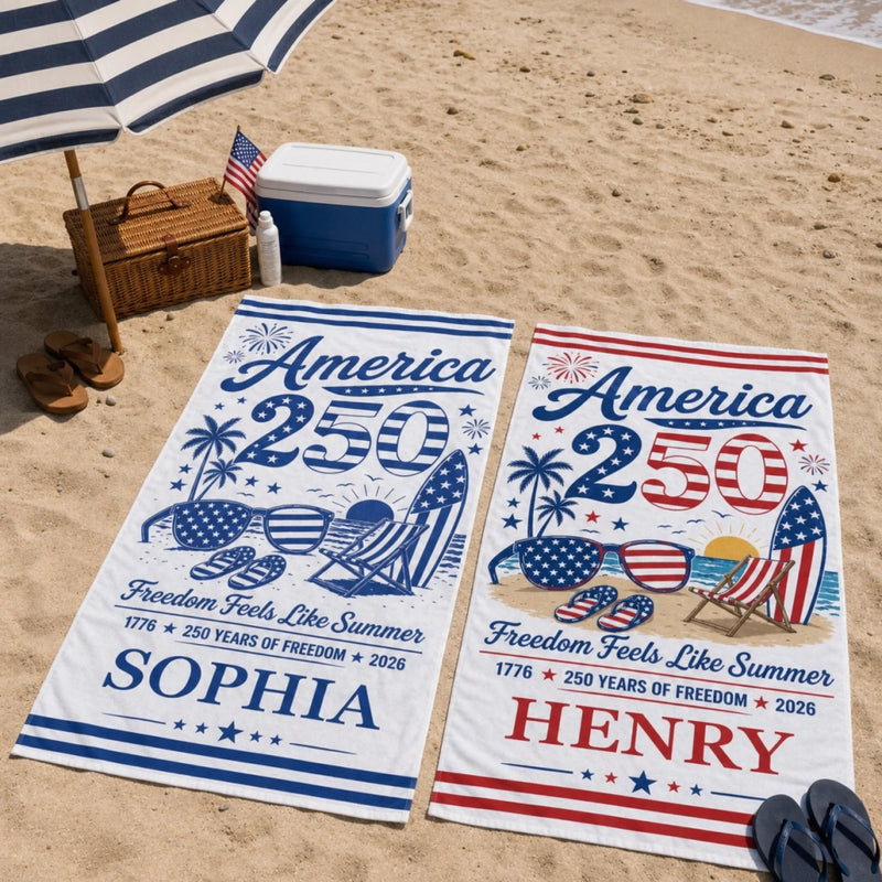 Custom Beach Towel - Personalized America 250th Anniversary, Summer Vacation And Travel Gifts For Mom, Dad, Brother, Sister, Kids - Born Free, Beach Bound