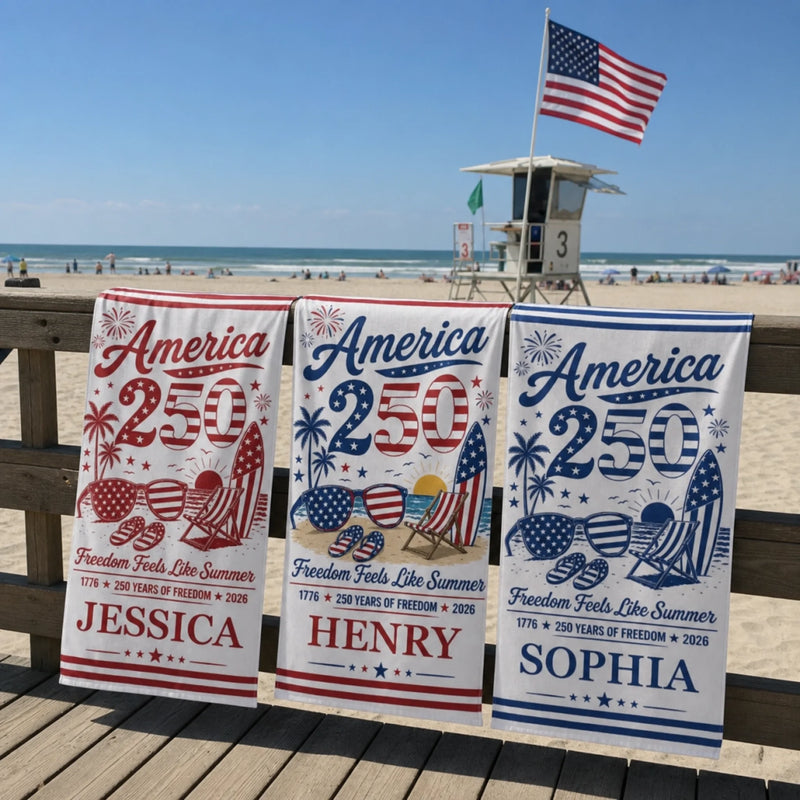 Custom Beach Towel - Personalized America 250th Anniversary, Summer Vacation And Travel Gifts For Mom, Dad, Brother, Sister, Kids - Born Free, Beach Bound
