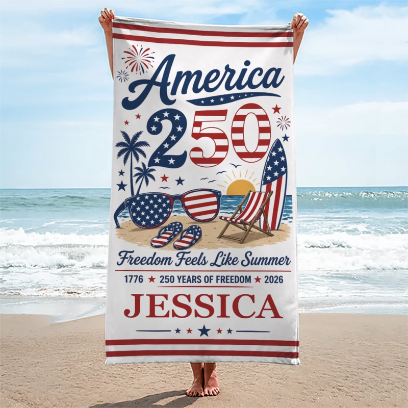Custom Beach Towel - Personalized America 250th Anniversary, Summer Vacation And Travel Gifts For Mom, Dad, Brother, Sister, Kids - Born Free, Beach Bound