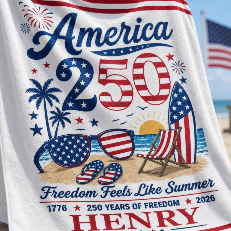 Custom Beach Towel - Personalized America 250th Anniversary, Summer Vacation And Travel Gifts For Mom, Dad, Brother, Sister, Kids - Born Free, Beach Bound