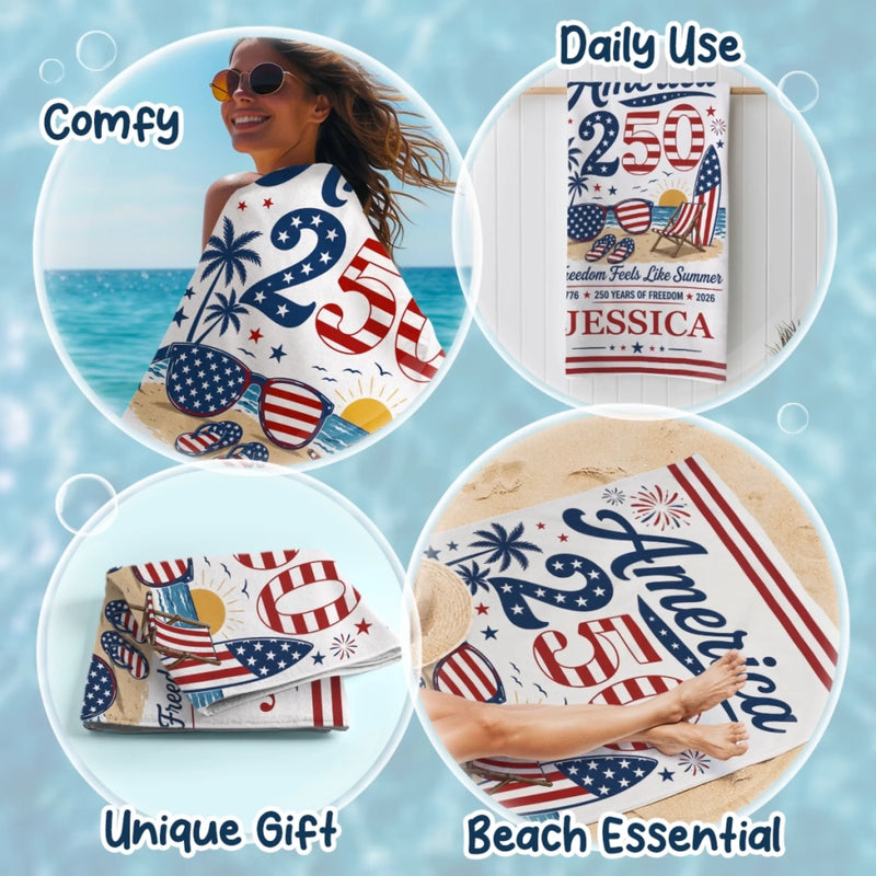 Custom Beach Towel - Personalized America 250th Anniversary, Summer Vacation And Travel Gifts For Mom, Dad, Brother, Sister, Kids - Born Free, Beach Bound