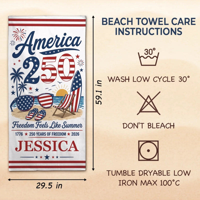 Custom Beach Towel - Personalized America 250th Anniversary, Summer Vacation And Travel Gifts For Mom, Dad, Brother, Sister, Kids - Born Free, Beach Bound