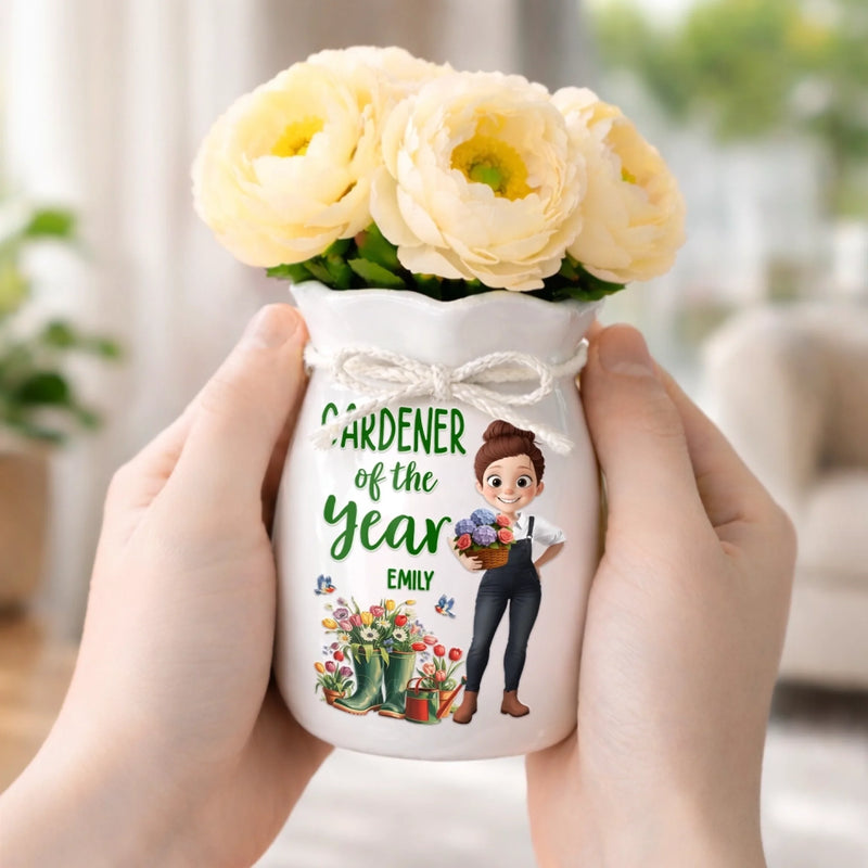 Custom Flower Vase With Ribbon - Personalized  Birthday Garden Gifts For Gardeners - Gardener Of The Year