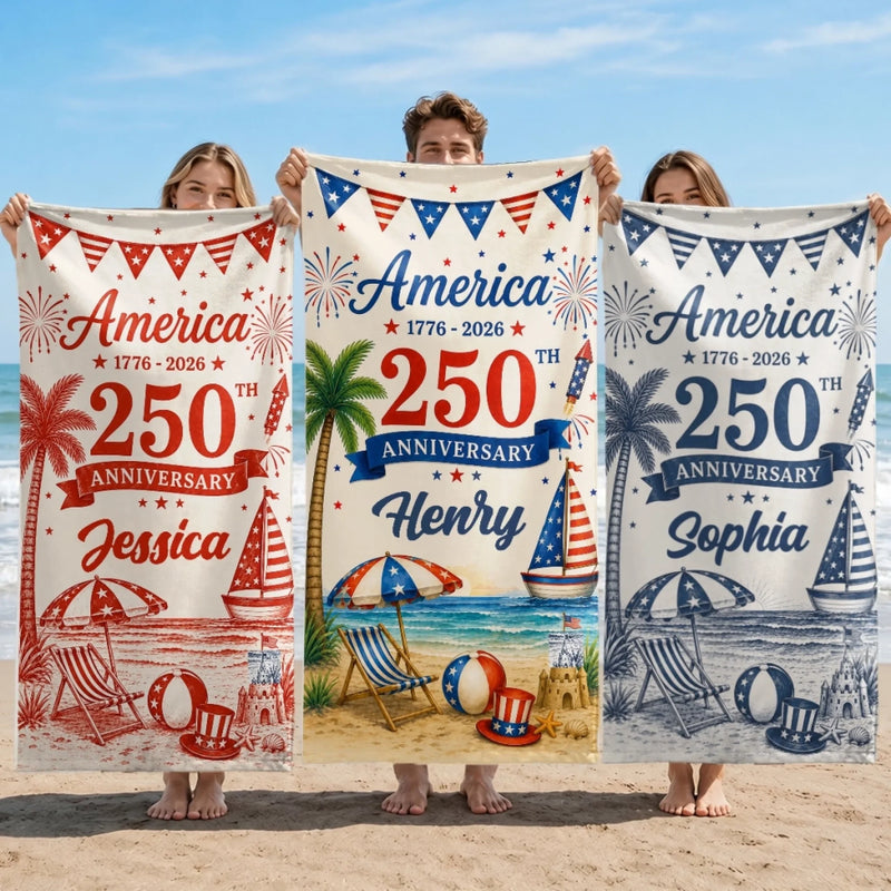 Custom Beach Towel - Personalized America 250th Anniversary, Summer Vacation And Travel Gifts For Mom, Dad, Brother, Sister, Kids - United By Freedom And Pride