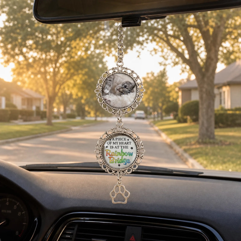 Custom Photo A Piece Of My Heart Is At The Rainbow Bridge - Memorial Personalized Custom Metal Car Hanging Ornament With Charm - Sympathy Gift For Pet Owners, Pet Lovers