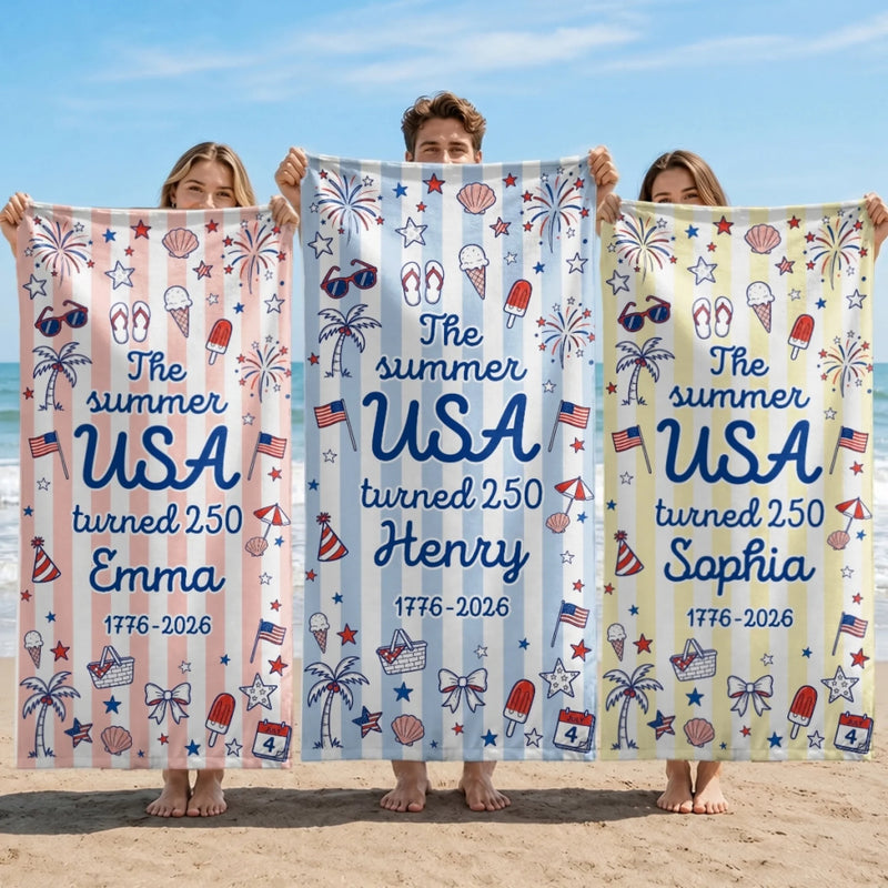 Custom Beach Towel - Personalized America 250th Anniversary, Summer Vacation And Travel Gifts For Mom, Dad, Brother, Sister, Kids - Freedom Never Goes Out Of Style