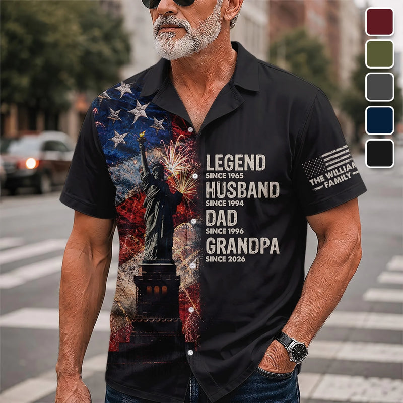 Custom Unisex Tropical Hawaiian Aloha Shirt - Personalized America 250th Anniversary Father's Day Gifts For Husband, Dad, Grandpa - Stars Stripes And Family Pride
