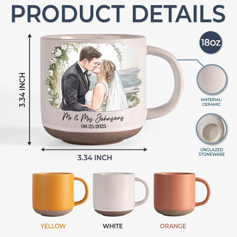 Custom Photo Printed Pottery Mug - Personalized Anniversary Wedding Gifts For Husband And Wife, Him And Her - First Kiss, Forever Sips