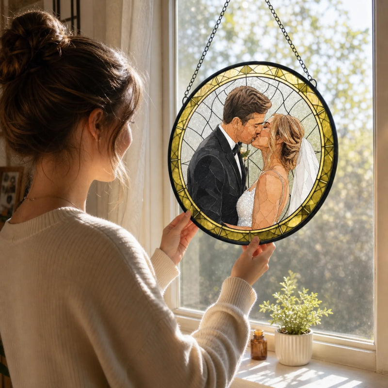 Custom Photo Stained Glass Window Hanging Suncatcher - Personalized Anniversary Wedding Gifts For Husband And Wife, Him And Her - Endless Love
