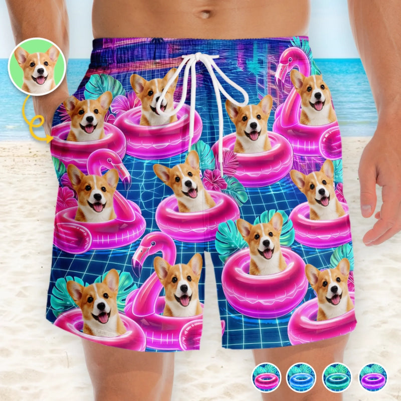 Custom Photo Tropical Hawaiian Aloha Men Beach Shorts - Personalized Summer Vacation And Travel Gifts For Dog Cat Lovers, Dog Dad And Mom, Cat Owners - Pups On Floating Paradise