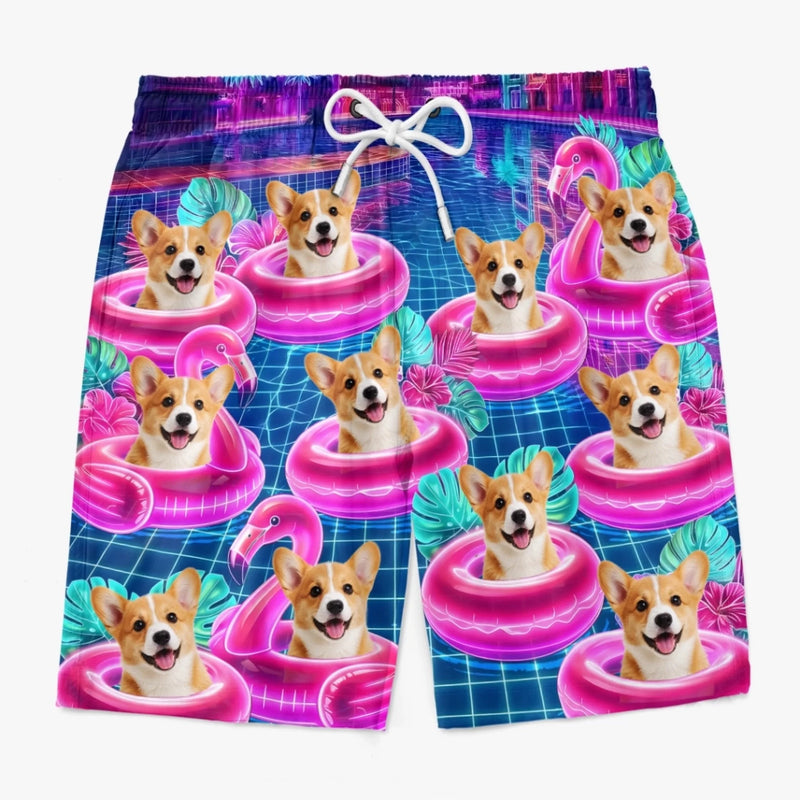 Custom Photo Tropical Hawaiian Aloha Men Beach Shorts - Personalized Summer Vacation And Travel Gifts For Dog Cat Lovers, Dog Dad And Mom, Cat Owners - Pups On Floating Paradise