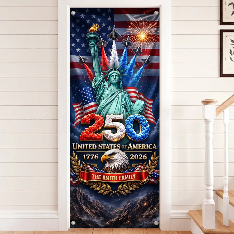 Custom Door Cover - Personalized America 250th Anniversary Gifts For Mom, Dad, Brother, Sister, Kids  - Land Of Liberty Family