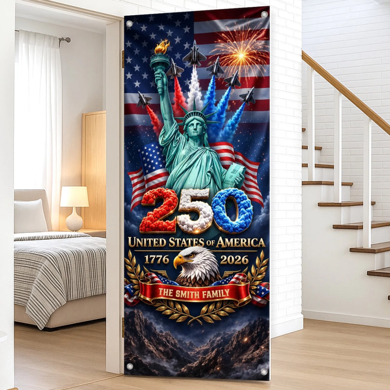 Custom Door Cover - Personalized America 250th Anniversary Gifts For Mom, Dad, Brother, Sister, Kids  - Land Of Liberty Family