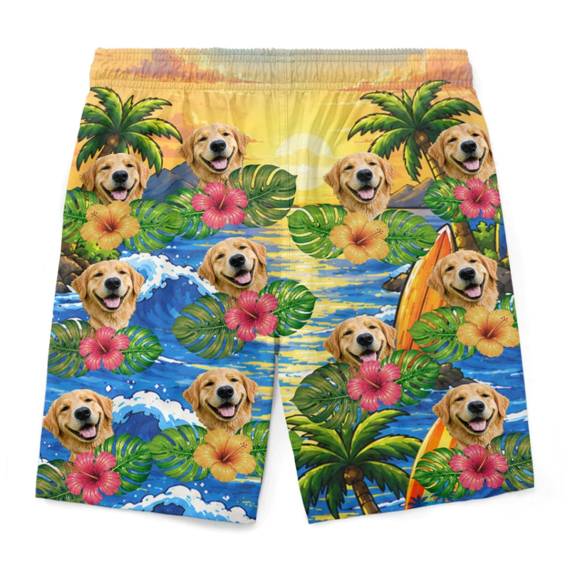 Custom Photo Funny Caricature Tropical Hawaiian Aloha Men Beach Shorts - Personalized Summer Vacation And Travel Gifts For Dog Lovers, Dad, Mom - Palm Trees And Puppy Breeze