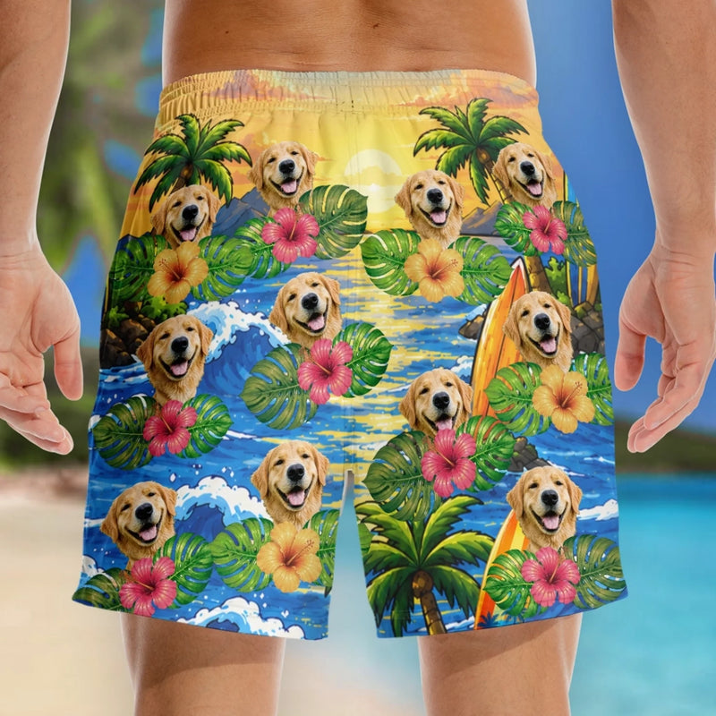 Custom Photo Funny Caricature Tropical Hawaiian Aloha Men Beach Shorts - Personalized Summer Vacation And Travel Gifts For Dog Lovers, Dad, Mom - Palm Trees And Puppy Breeze