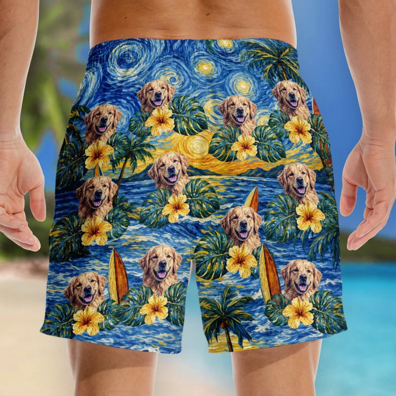 Custom Photo Tropical Hawaiian Aloha Men Beach Shorts - Personalized Summer Vacation And Travel Gifts For Dog Cat Lovers, Dog Dad And Mom, Cat Owners - Starry Nights, Puppy Days