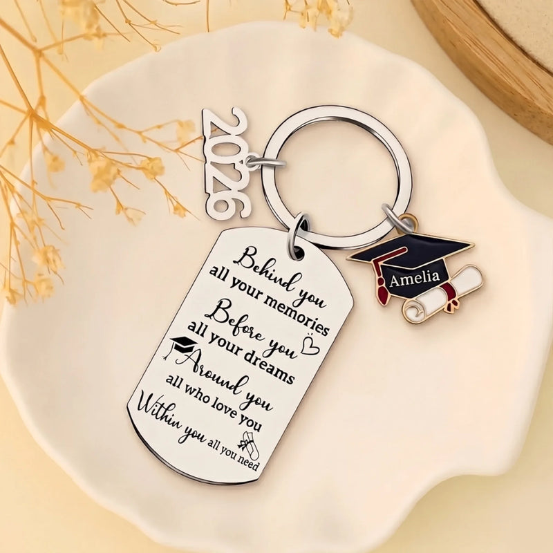 Memories Behind, Dreams Ahead, Love All Around - Family Personalized Custom Engraved Graduation Keychain - Graduation Gift For Family Members, Siblings, Brothers, Sisters
