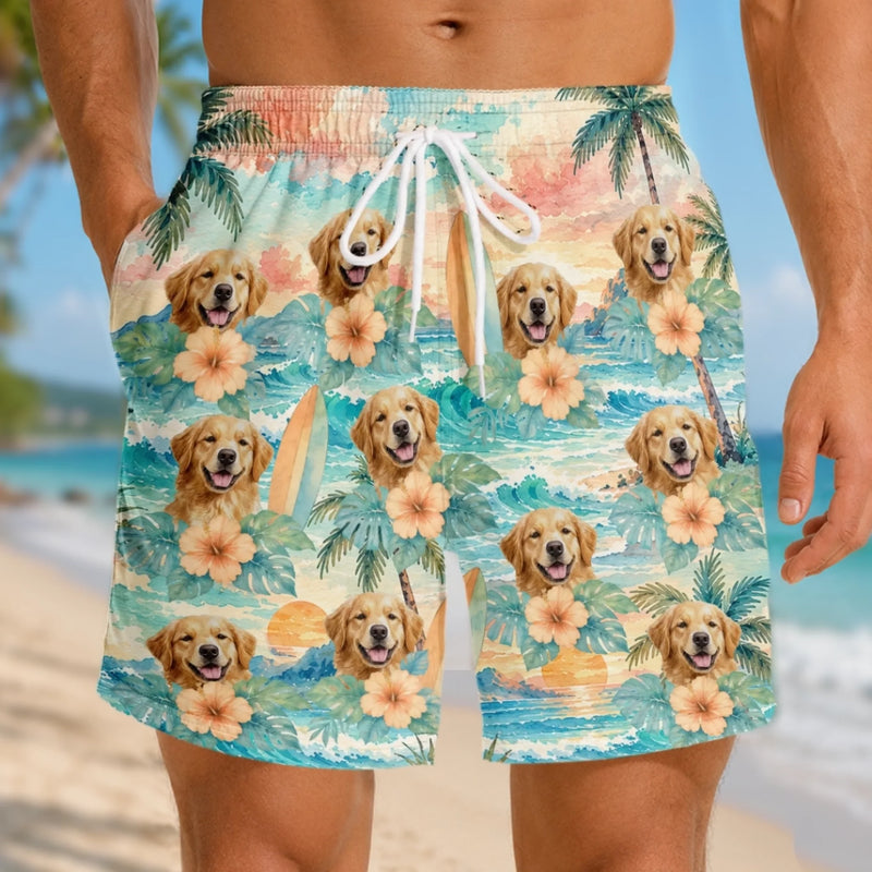 Custom Photo Tropical Hawaiian Aloha Men Beach Shorts - Personalized Summer Vacation And Travel Gifts For Dog Cat Lovers, Dog Dad And Mom, Cat Owners - Living That Island Life, Baby