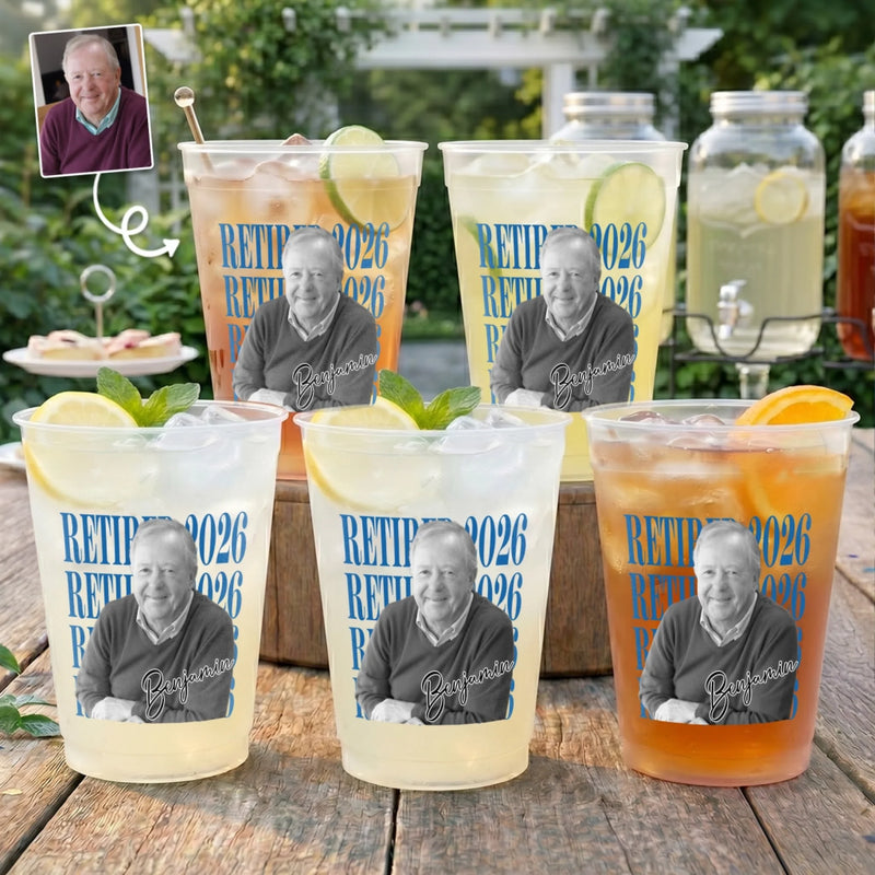 Custom Photo Party Cups - Personalized Retirement Gifts For Women, Men - Goodbye Tension, Hello Pension